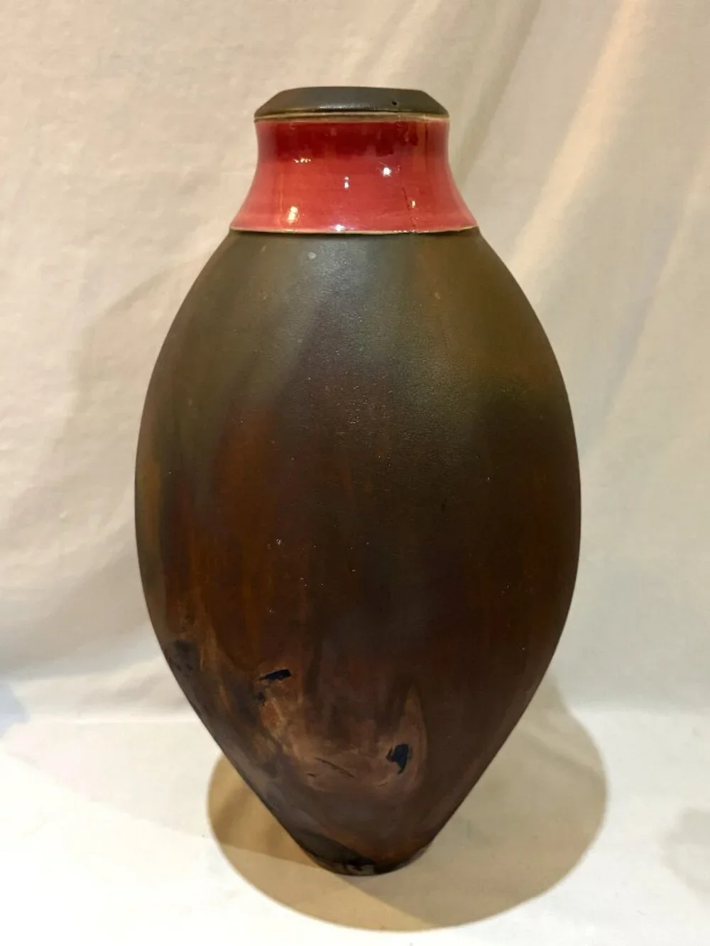 Raku Pottery Olive Shaped Vase 13.5 inch Tall with Red Glazed Collar